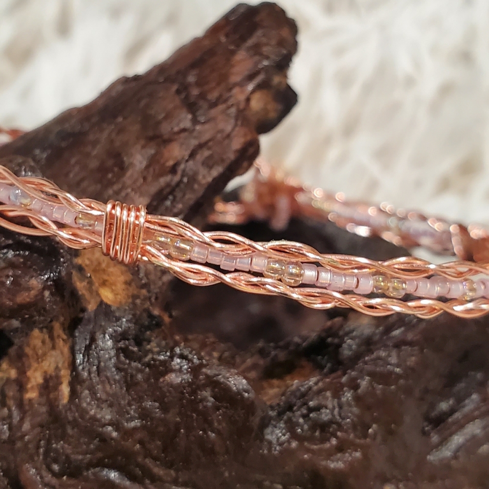Two-Tone Wirewrapped Bracelet - Pink and Silver Wire Bangle - Stackable Bracelet